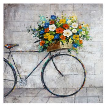 Cuadro Figurativo Kuatéh 100 X 100 Cm Bicicleta Con Flores Óleo Sobre Lienzo