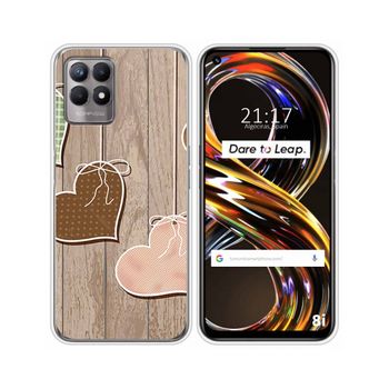 Funda Silicona Realme 8i Diseño Corazones Madera