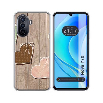 Funda Silicona Huawei Nova Y70 Diseño Corazones Madera Dibujos