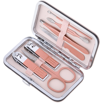 Primematik - Kit De Estuche De Manicura Y Pedicura Profesional, Set De 7 Accesorios De Acero Inoxidable, Color Oro Rosa Be10300