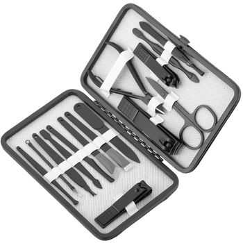 Primematik - Kit De Estuche De Manicura Y Pedicura Profesional, Set De 15 Accesorios De Acero Inoxidable, Funda Negra Con Imitación A Piel Be10500