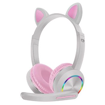 Smartek Auriculares Inalámbricos Smartek Con Micrófono Integrado,luz Led Y Articulado Orejas De Gato Blanco-rosa