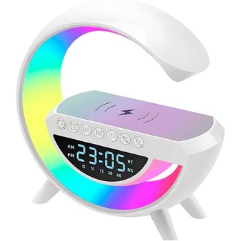 Dekopix Lámpara Mesa Led, Cargador Inalámbrico, Altavoz Bluetooth, Reloj Despertador, Radio Fm. Estilo Forma G