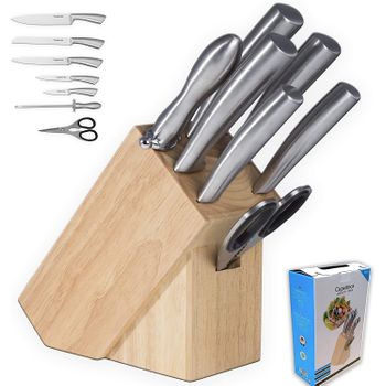 Cuperinox Juego Cuchillos Cocina | Cuchillos Cocina Profesional | 7 Piezas | Set Cuchillos Cocina | Cuchillos Acero Inoxidable | Monoblock | Bloque Madera | Incluye Afilador Chaira | Apto Lavavajillas