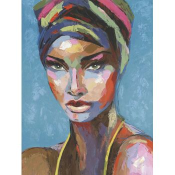 Cuadro Mujer Con Turbante Fondo Azul  100x70 Cm