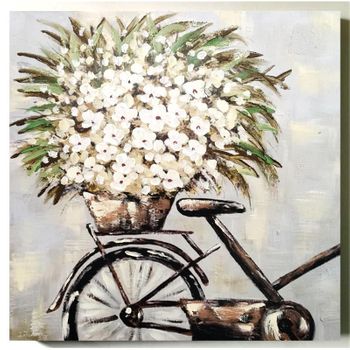 Cuadro Lienzo - Pintura Original Bicicleta Flores 60x60cm