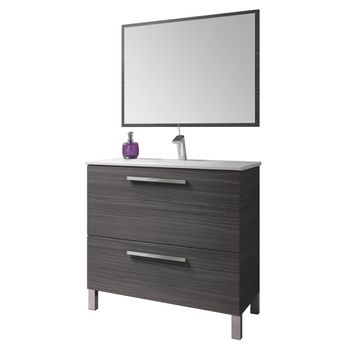 Mueble Baño Color Gris Ceniza 1 Espejo 2 Cajones Aseo Estilo Industrial 80x80x45 Cm Sin Lavamanos