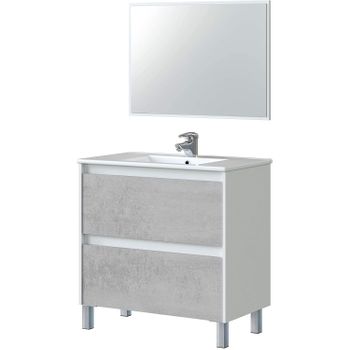 Mueble De Baño 2 Cajones Con Espejo Color Cemento Y Blanco Brillo Industrial 80x80x45 Sin Lavamanos
