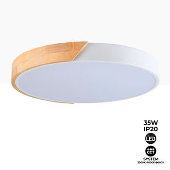 Plafón Led De Techo Circular 35w Blanco Y Madera Cct Ø408x50mm