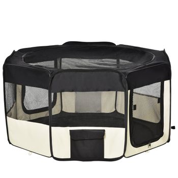 Parque Mascotas De Tela Oxford 120x48x58 Cm - Pawhut. Negro Y Crema