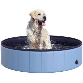 Piscina Plegable Para Mascotas De Pvc, Madera Ø120x30 Cm-pawhut. Azul