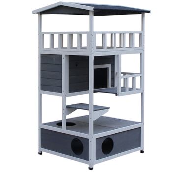 Casa Para Gatos De Madera De Abeto 75,5x75x137 Cm-pawhut. Gris