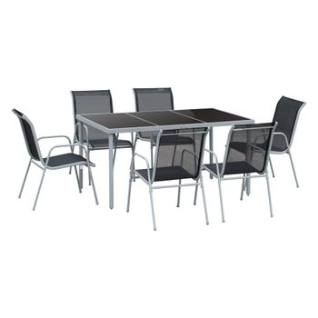 Conjunto 1 Mesa + 6 Sillas De Metal Textilene Vidrio - Outsunny.negro