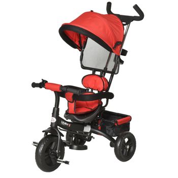 Triciclo Para Bebé 4 En 1 Con Capota Manija Ajustable Rojo Homcom