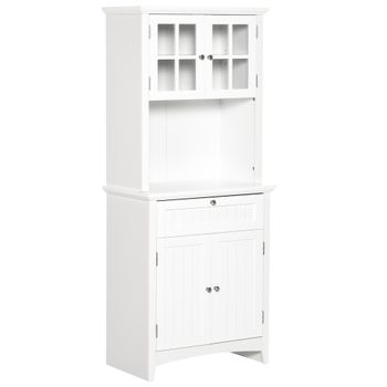 HOMCOM Mueble Auxiliar de Cocina Aparador Alacena con 2 Puertas de Vidrio y  Baldas Ajustables 72x40x178 cm Blanco