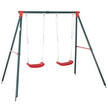 Columpio Doble Infantil Con Soporte Para +3 Años Verde Rojo Outsunny