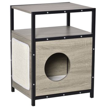 Casa Para Gato De Madera Metal Felpa 48x40x64,5cm-pawhut. Roble Gris