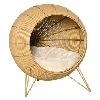 Cama Para Gatos De Ratán Pe Metal Felpa Ø52x58cm-pawhut. Marrón Claro