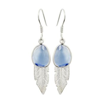 Pendientes De Pluma Zury Con Piedra Azul Y Cierre Tipo Hippy Plata