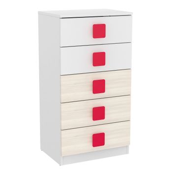 Cómoda Infantil Akaz Color Acacia Y Blanco Dormitorio Juvenil Tirador Rojo 55x40x104 Cm