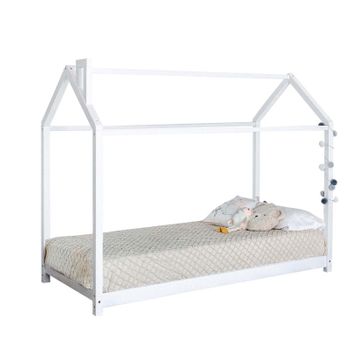 Cama para casa 90 x 200, cama infantil, color blanco, madera maciza con  protección anticaída y accesorio para tienda de campaña, somier y techo 90  x 190 cm : : Bebé