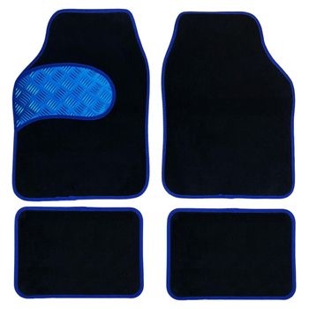 Alfombrillas De Moqueta Universales Para Coche, Talonera Estriada, Lavable, Delanteras 63x44 Cm, Traseras 30x42 Cm, Negro Y Azul