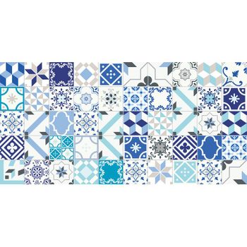 Flooralia - Alfombra Vinilica Patchwork, 250x64cm, Blanco-azul
