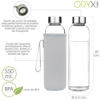 Botella Agua Cristal 550 Ml. Funda Neopreno Con Asa. Sin Bpa