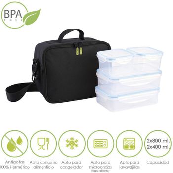 Bolsa Termica Con 4 Recipientes Hermeticos Plastico (2x800 Ml + 2x400 Ml.)