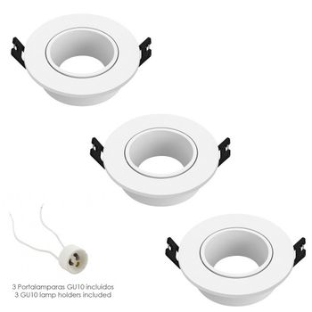 Aro Foco Empotrable Regulable Con Portalamparas Para Bombillas Gu10 Ø 90 X 29 Mm. Bombilla Encastrada. Pack De 3 Unidades