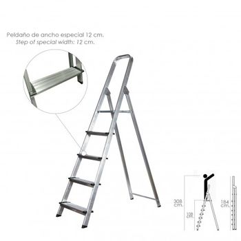 Escalera Doméstica Aluminio Profesional 5 Peldaños 12 Cm Grosor.