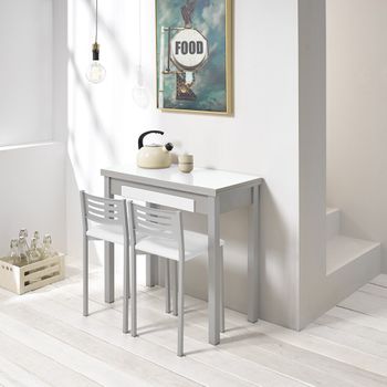 Mesa De Cocina Con Cajón En Cristal Blanco Óptico Apertura Tipo Giratoria Tipo Libro, Patas Aluminio 90 Cm (ancho) X 77 Cm (alto) X 45 - 90 Cm (fondo)