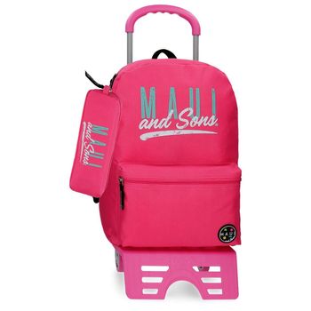 Mochila Con Carro 42 Cm + Estuche Escolar Maui Hawai Fucsia