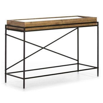 Consola De Cristal Y Madera Maciza Clara Con Patas De Metal Negro 123 Cm