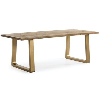 Mesa De Comedor De Madera Maciza Clara Con Patas De Metal Dorado 220 Cm