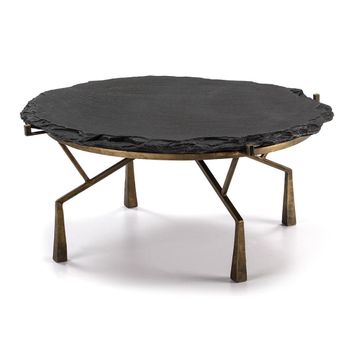 Mesa De Centro De Piedra Negra Con Patas De Metal Dorado Antiguo D 95 Cm