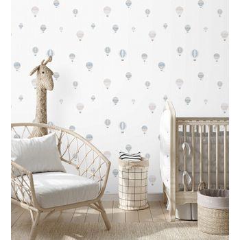 Papel Pintado Infantil Para Bebe De Globos Aerostáticos De Acuarela Con Lunares Topitos - Lucile 232127 De Gaulan - Rollo De 10 M X 0,53 M