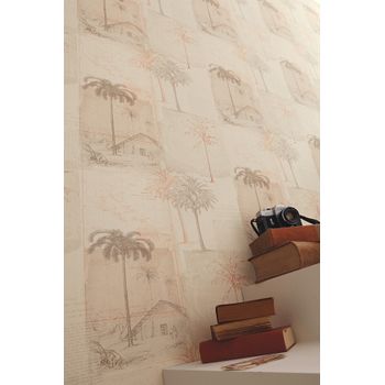 Papel Pintado Hojas De Libro De Viajes Por El Mundo Con Pueblos Palmeras Y Casas - Makonde 342184 De Gaulan - Rollo De 10 M X 0,53 M