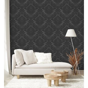 Papel Pintado Vinílico Lavable De Damasco Victoriano Color Negro Fondo Satinado - Senso 421504 De Gaulan - Rollo De 10 M X 0,53 M