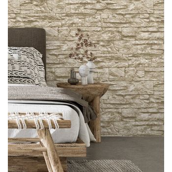 Papel Pintado Vinílico Lavable Piedra Pizarra Beige Con Textura Relieve 3d - Israel 453146 De Gaulan - Rollo De 10 M X 0,53 M