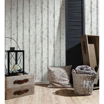 Papel Pintado Vinílico Lavable Listones De Madera Envejecida Pintadas Blanco - Zahora 453859 De Gaulan - Rollo De 10 M X 0,53 M