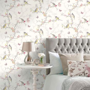 Papel Pintado Romántico De Pájaros Y Mariposas En Ramas De Árbol - Birdie 564683 De Gaulan - Rollo De 10 M X 0,53 M