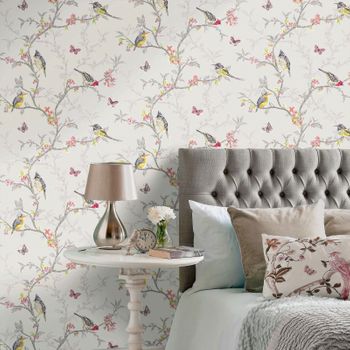 Papel Pintado Romántico De Pájaros Y Mariposas En Ramas De Árbol - Birdie 564684 De Gaulan - Rollo De 10 M X 0,53 M