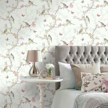 Papel Pintado Romántico De Pájaros Y Mariposas En Ramas De Árbol - Birdie 564686 De Gaulan - Rollo De 10 M X 0,53 M