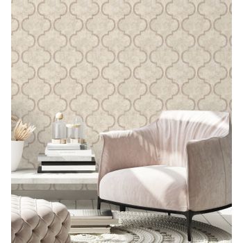 Papel Pintado Vinílico Lavable Geométrico En Relieve Estilo Finlandés Color Beige - Helsinki Ornaments 676315 De Gaulan - Rollo De 10 M X 1,06 M