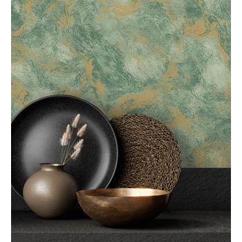 Papel Pintado Vinílico Efecto Estuco Verde En Relieve Con Vetas Metalizadas Doradas - Neptune Stone Texture 676356 De Gaulan - Rollo De 10 M X 1,06 M