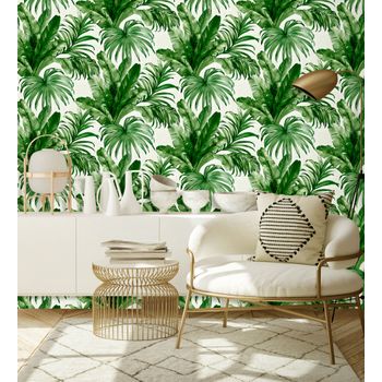 Papel Pintado Vinílico Lavable Tropical Hojas Plantas Verde Textura Óleo 3d - Habana Tropical 676369 De Gaulan - Rollo De 10 M X 1,06 M