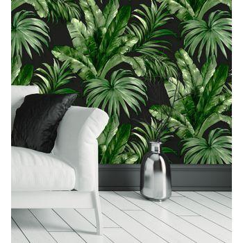 Papel Pintado Vinílico Lavable Tropical Hojas Plantas Verde Negro Textura Óleo - Habana Tropical 676370 De Gaulan - Rollo De 10 M X 1,06 M