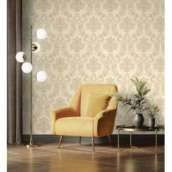 Papel Pintado Vinílico Damasco Clásico Beige Efecto Textura De Tela Tejida En Relieve - Bizans Damask 676875 De Gaulan - Rollo De 10 M X 1,06 M