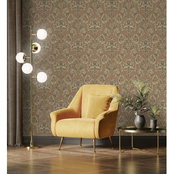 Papel Pintado Vinílico Damasco Clásico Marrón Efecto Textura De Tela Tejida En Relieve - Bizans Damask 676878 De Gaulan - Rollo De 10 M X 1,06 M